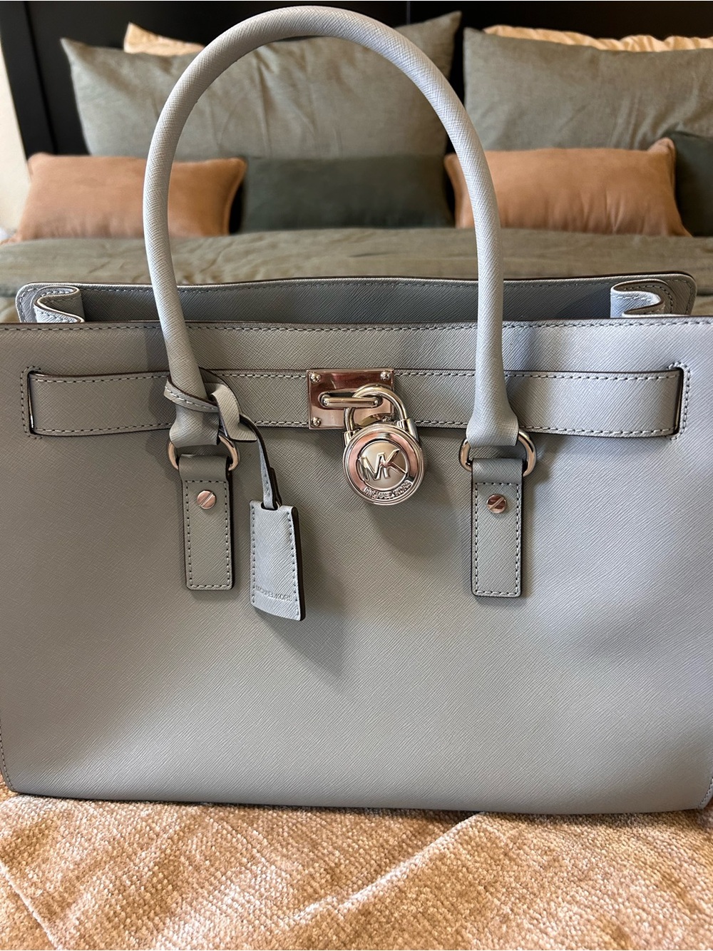 Michael Kors Light Gray Saffiano Leather Satchel with Signature Lock